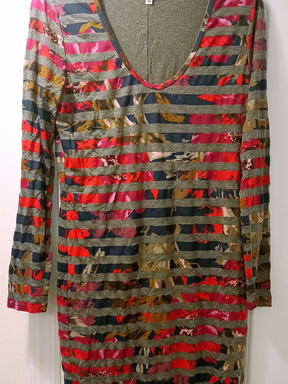 Trina Turk Olive Striped Floral Long Sleeve Scoop Top with Pink and Red Accents